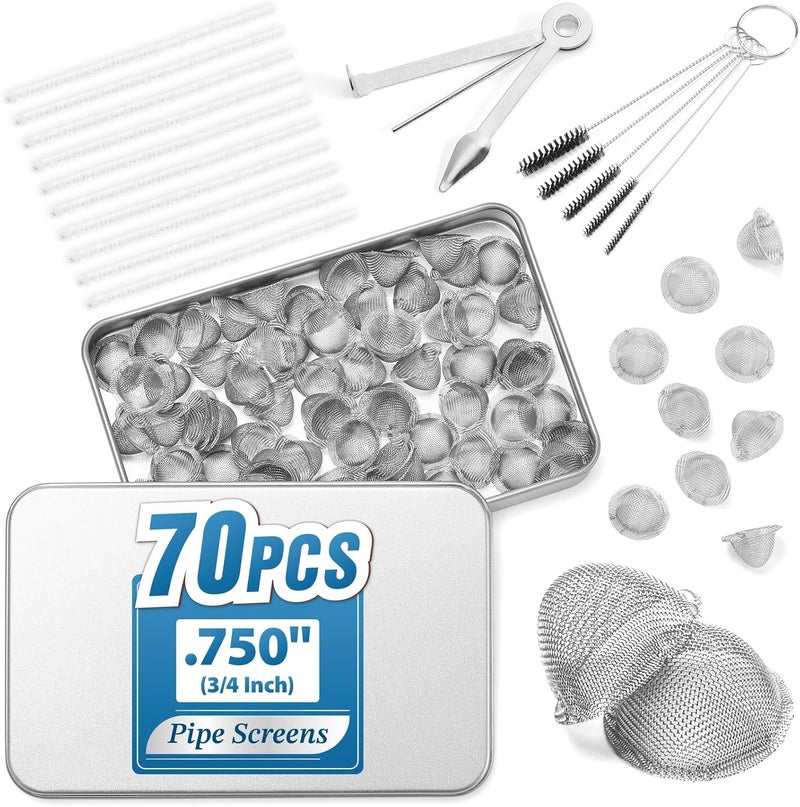 STANKER Pipe Screens Filter, 3/4 Inch 70 Pcs Adjustable Tapered Design Bowl Screens with Pipe Cleaners, 3 in 1 Tool, Bottle Brush, 0.75 Inch Stainless Steel Mesh with Metal Box - Image 1